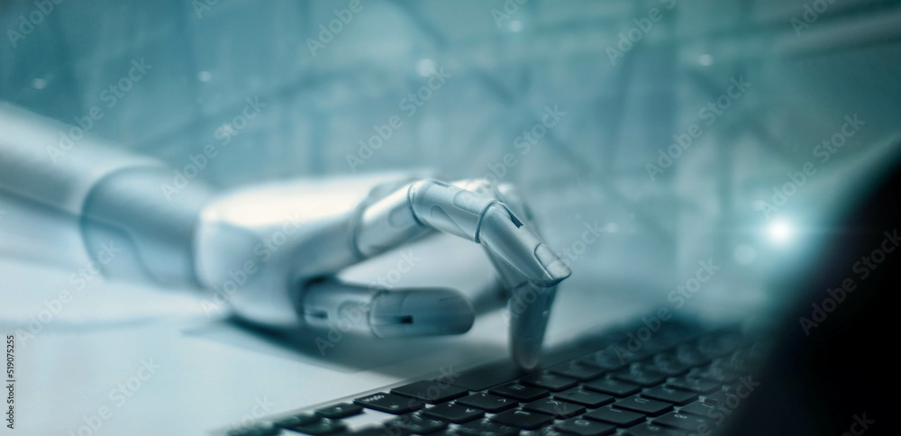 Poster  Machine learning. Hand of robot touching on binary data. Futuristic Artificial intelligence (AI). Deep Learning. Brain representing. Algorithm and innovative. Neural Network. Big data visualization.