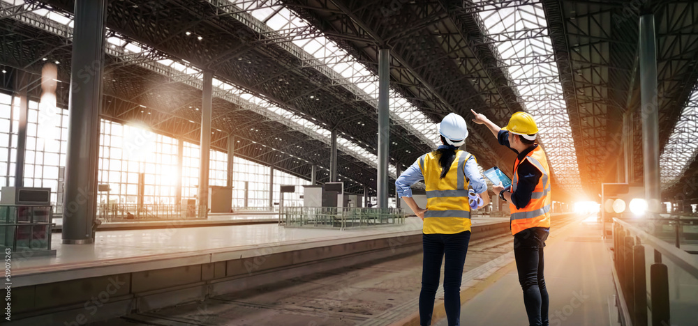 Poster .engineers technician team checkup and analyzing an unfinished on railway station construction proje