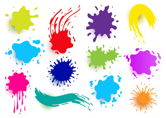 Paint blots. Splashes set for design use. Colorful grunge shapes collection. Dirty stains and silhouettes. Color ink splashes with shadow