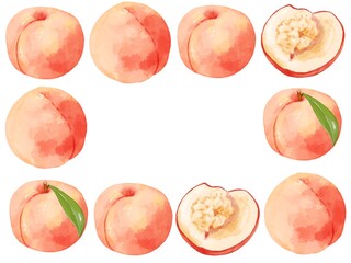 手描き水彩の桃イラスト長方形フレーム・囲み