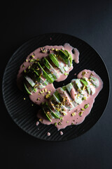 Mozzarella salad, avocado, pistachio and strawberry vinaigrette. Delicious and healthy avocado salad.