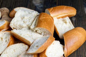 a wheat baguette cut into pieces, close up