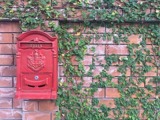 Vintage Mailbox on the red brick wall with leaves background.