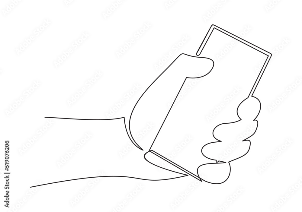 Poster continuous line drawing of a hand using a modern mobile phone