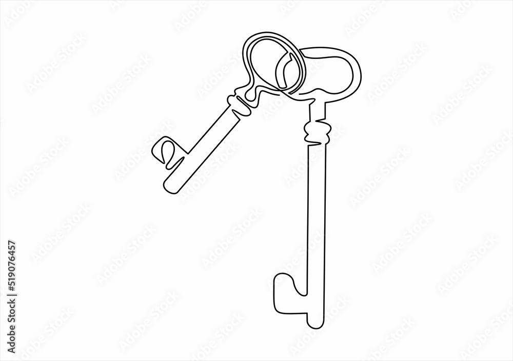 Poster continuous one line drawing of isolated object old keys illustration