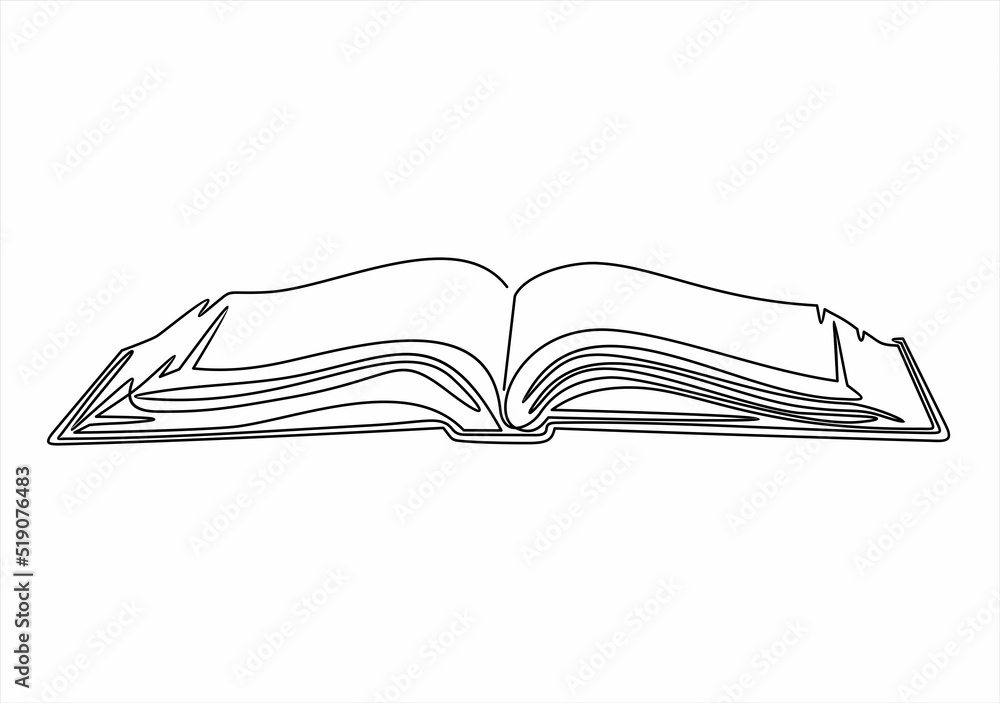 Poster continuous one line drawing of an open book with flying pages. vector illustration of back to school