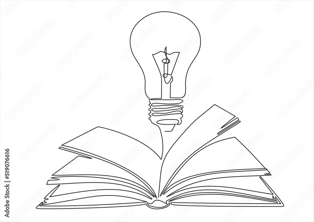 Poster one single line drawing of shining light bulb above open text book logo identity. continuous line dr