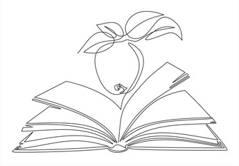 Continuous one line drawing of apple above book vector illustration design on white background. Hand drawn graphic concept for education