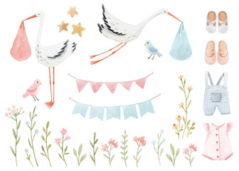 Beautiful stock clip art illustration set with hand drawn cute stork bird carrying a baby girl for birthday.