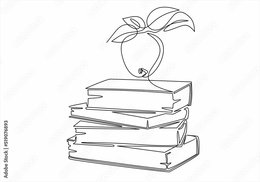 Poster continuous one line drawing of apple above books stack minimalist vector illustration design on whit