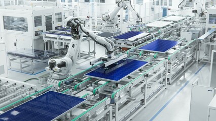Solar Panel Production Line at Modern Bright Factory. Solar Panels are being Assembled on Conveyor