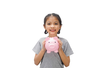 Fototapeta na wymiar A child girl with a pink piggy bank isolated on white background.