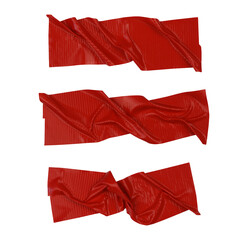 Red scotch tape on white background, crumpled sticky tape, different sizes.