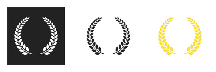 Laurel wreath of victory icon. black silhouette of round laurel foliage, wheat and oak wreaths depicting award, achievement, heraldry, nobility