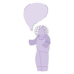 Woman with speech bubble for your text. unusual talking, protesting woman. Attractive overweight lady. Female cartoon character. Body positive. Plus size woman