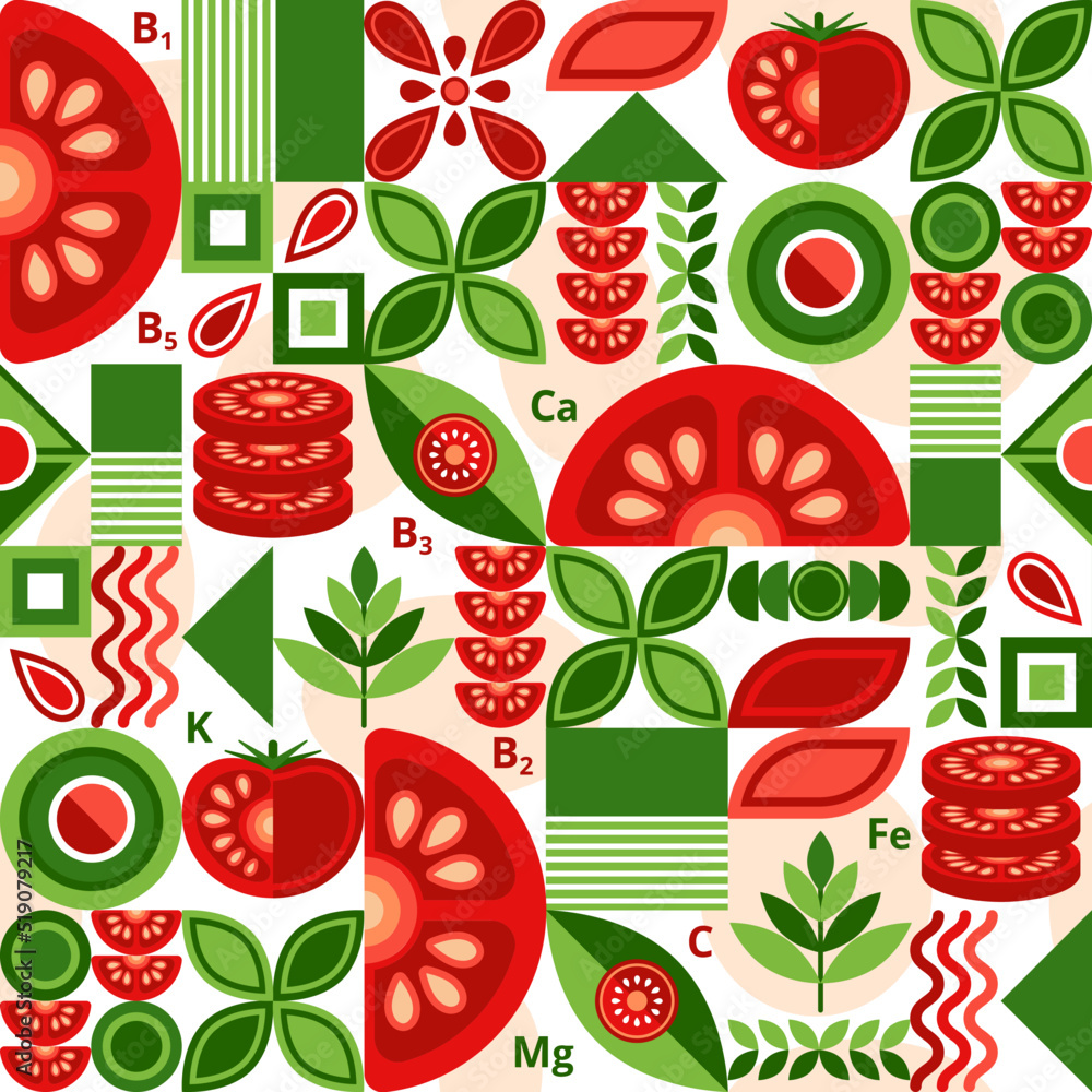 Poster tomato background with design elements in simple geometric style. seamless pattern. good for brandin