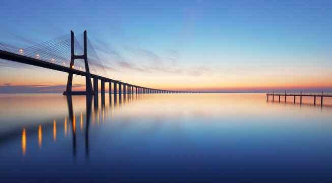 Lisbon bridge - Vasco da Gama at sunrise, Portugal