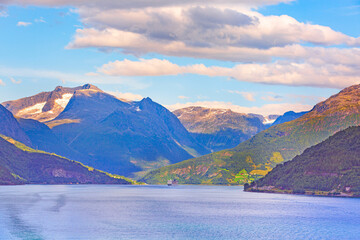 Naklejka na ściany i meble Norway fjord sunset panorama, mountain landscape