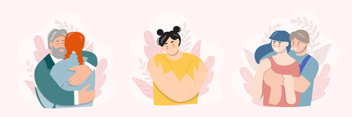 A man and a woman are hugging. Support concept. Help and compassion, depression illustration. Family crisis.