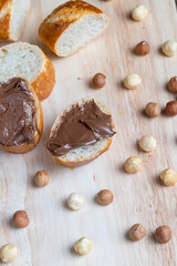 chocolate butter spread on a baguette, close up