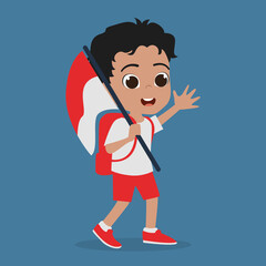Cute boy holding indonesian flag cartoon vector icon illustration