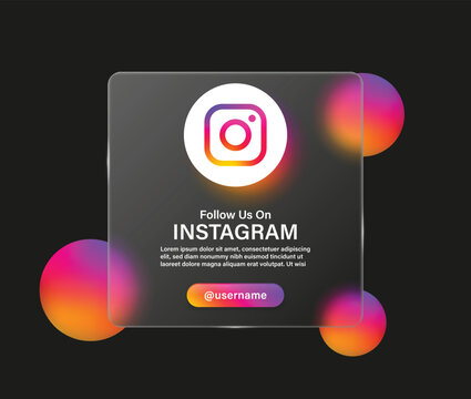 follow us on instagram in glassmorphism background with transparent glass . instagram logo icon button and blurred gradient circle shapes, social media icons logos. join us on social network platforms