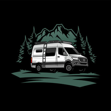 recommend clip art: illustration of RV motor home with mountain and pines in black background