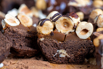 multicomponent cake made of caramel and nuts in chocolate