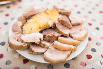 set of cold cuts of cooked chicken and pork meat on plate