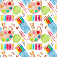 Bright watercolor pattern with various drawing tools on white background. Colorful school pattern for various products.