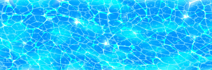 Swimming pool surface top view horizontal background with sunlight glare reflections, caustic ripples and waves. Clear blue water texture. Bright vector summer time background.