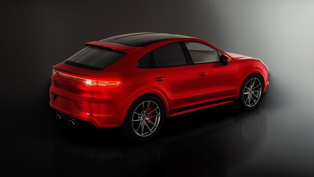 Berlin. Germany. June 12, 2022. Red Porsche Cayenne GTS Coupe 2020. 3d model of a sports SUV in a coupe body. 3d rendering.