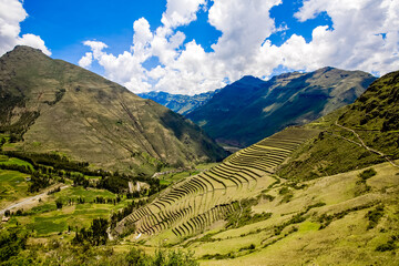 Agricultural terraces in Sacred Valley Moray in Peru. Soth America nature