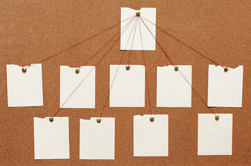 Blank paper notes are pinned to a cork board. The concept of detective investigation. Copy space.