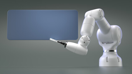 Robotics arm holding blank blue boards on grey background. 