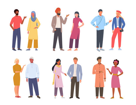 international people. arabic european asian multiracial male and female multicultural crowd of people standing and talking. Vector communication team pictures in flat style