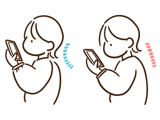 スマホでストレートネック気味になる若い女の子のおしゃれな線画イラスト