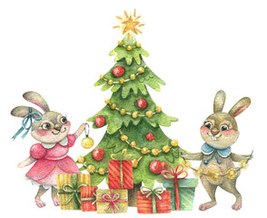 Cute rabbits in carnival costumes decorate with a garland and balls a watercolor illustration of a Christmas tree.Christmas illustration isolated on white background
