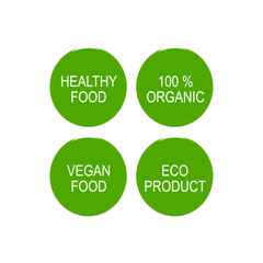 Healthy Food, 100 % Organic, Vegan Food, Eco Product Green Design Badges isolated On White