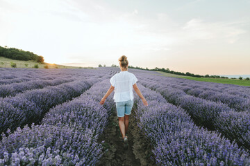 Woman walking amidst lavender flowers on field at sunset