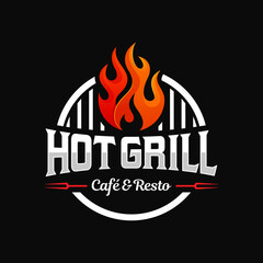 vintage grilled barbecue logo, retro BBQ vector, fire grill food and restaurant icon, Red fire icon - obrazy, fototapety, plakaty