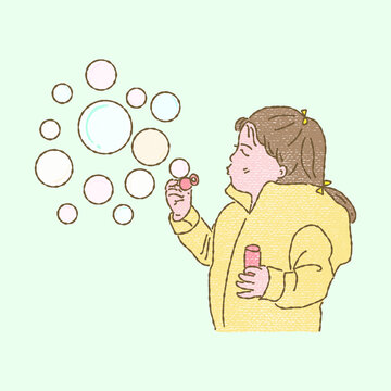 Girl blowing bubbles through wand and holding bottle of soap solution in other hand. Hand drawn flat vector illustration cartoon characters in colored pencil texture style isolated on green BG