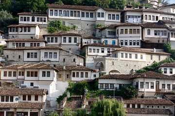 Fototapeta na wymiar Berat riverfront buildings
