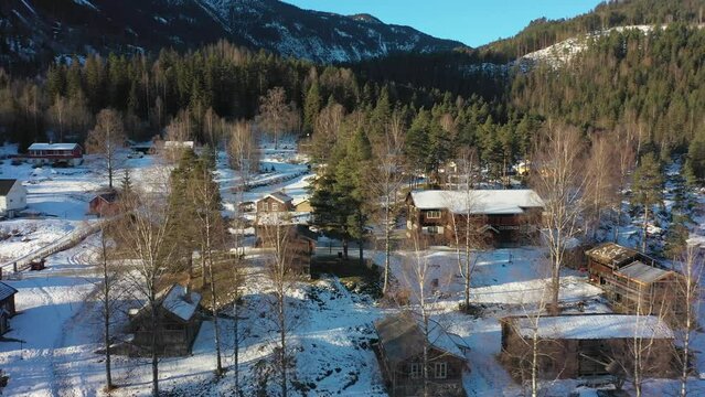 Hallingdal museum in Nesbyen Norway - Beautiful sunny winter morning aerial with panoramic view of buildings and exterior