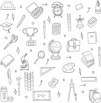 Hand drawn school supplies icons. Vector illustration, doodle style.