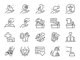Charity line icon set. Included the icons as a donation, donate, social issues, give, take, and more.