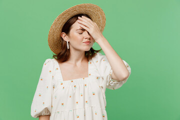 Young sad unhappy woman she 20s wear white dress hat put hand on face facepalm epic fail mistaken...