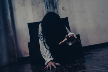 Girl ghost woman death the horror is screaming darkness and nightmare background of scary fear on...