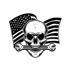 Illustration of skull with wrench on american flag background. Design element for poster, card, banner, sign, emblem. Vector illustration