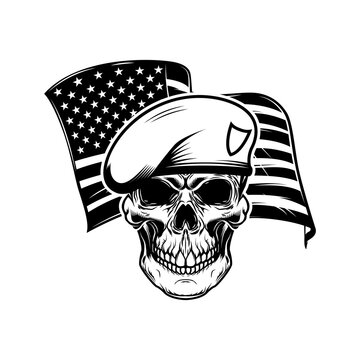 Soldier skull on usa flag background. Soldier skull. Design element for poster, card, banner, sign. Vector illustration